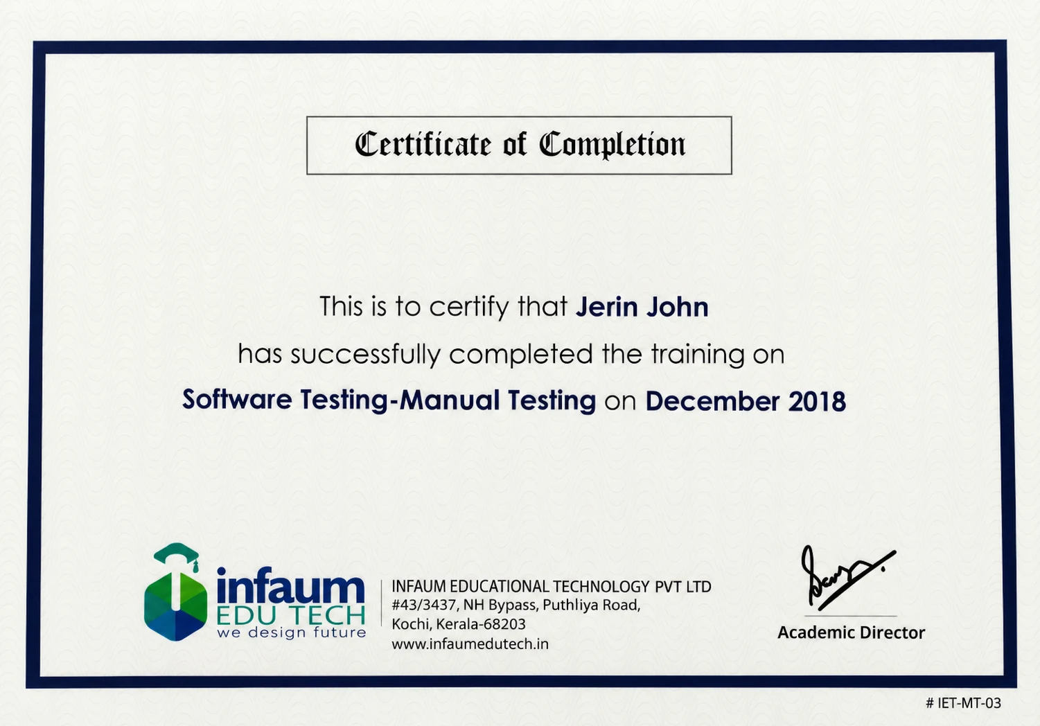 Certificate of Completion – Jerin John
