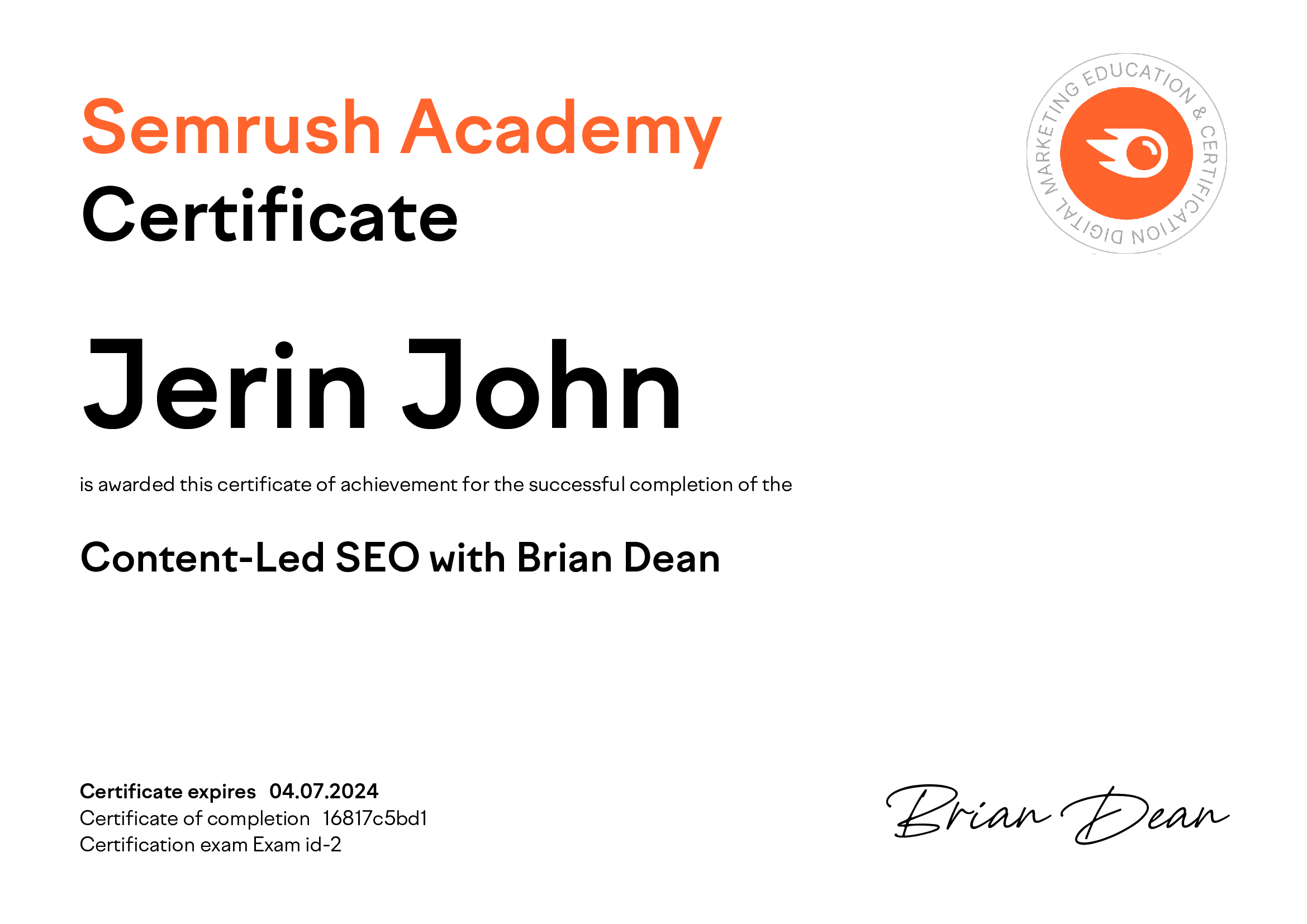 Jerin-SEO-Expert-Got-Content-led-SEO-Certified-by-Semrush