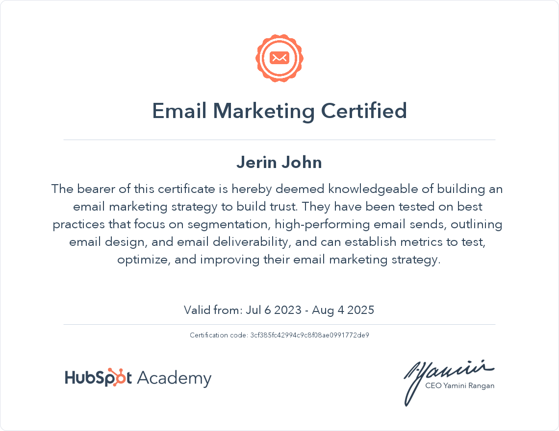 Jerin SEO Expert Got Email Marketing Certified by Hubspot
