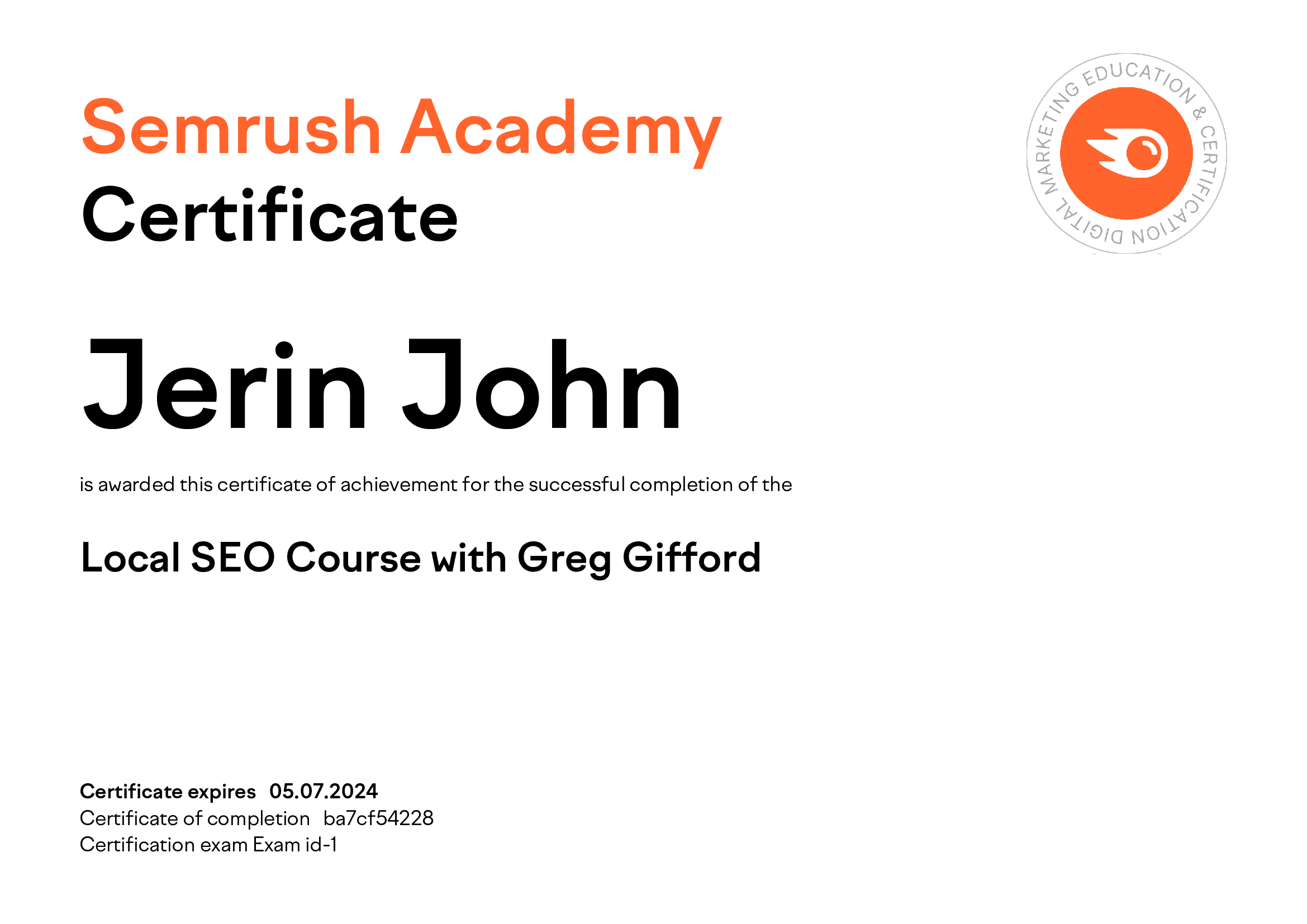 Jerin-SEO-Expert-Got-Local-SEO-Certified-by-Semrush