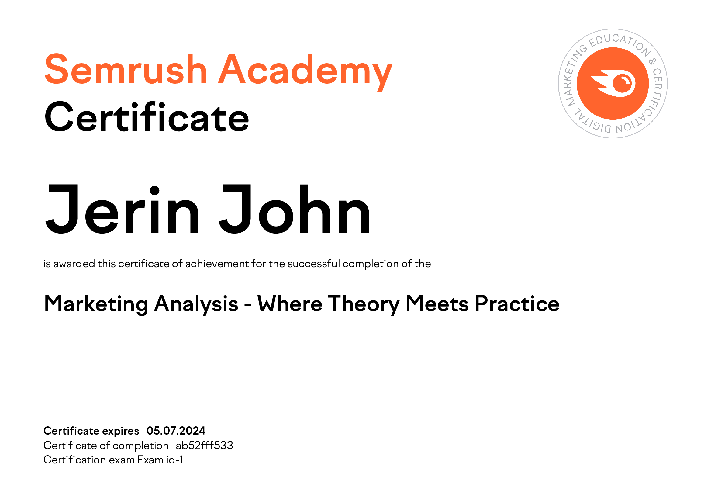 Jerin SEO Expert Got Marketing Analysis Certified by Semrush Academy